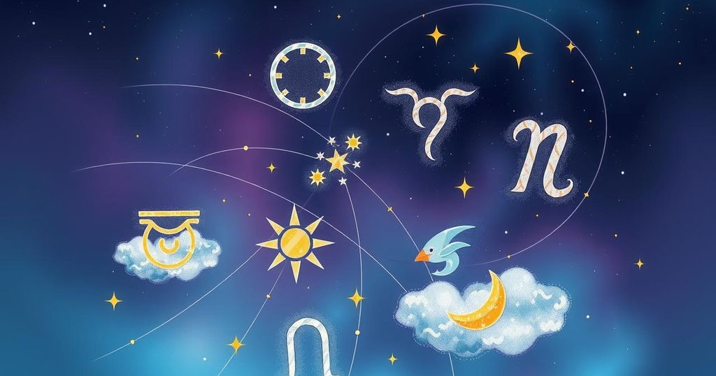 Astrological symbols surrounded by cosmic elements in a vibrant gradient of blues, purples, and golds.