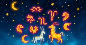 Colorful astrological symbols with a starry sky background, representing zodiac signs and their influences for January.