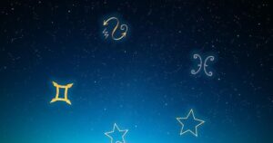 A celestial scene depicting zodiac signs under a starlit sky with a soothing colour palette of blues and golds.