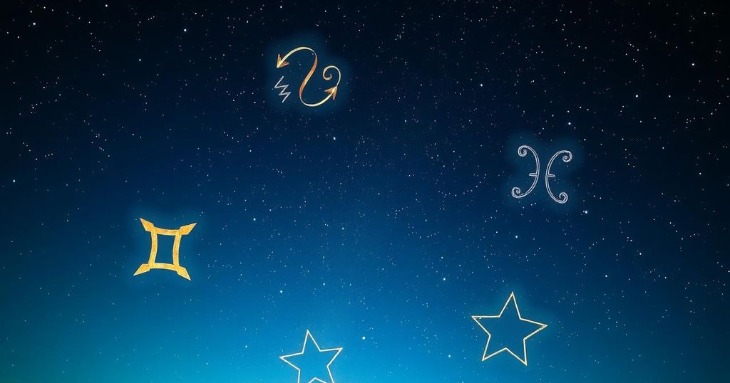 A celestial scene depicting zodiac signs under a starlit sky with a soothing colour palette of blues and golds.