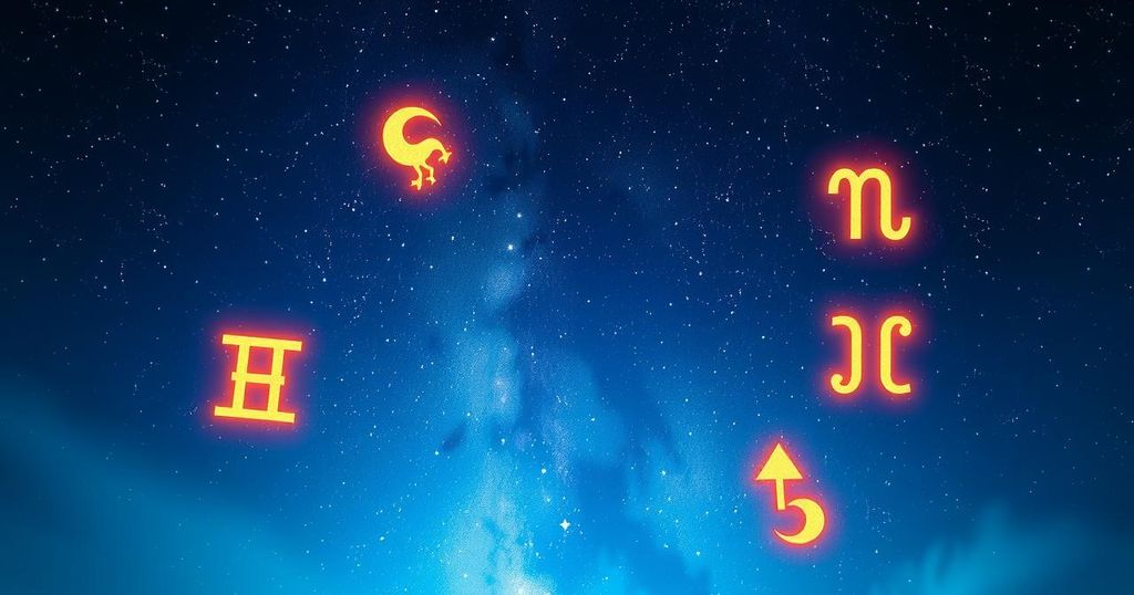 A vibrant celestial scene with zodiac symbols glowing in a starlit night, embodying cosmic energy and guidance.