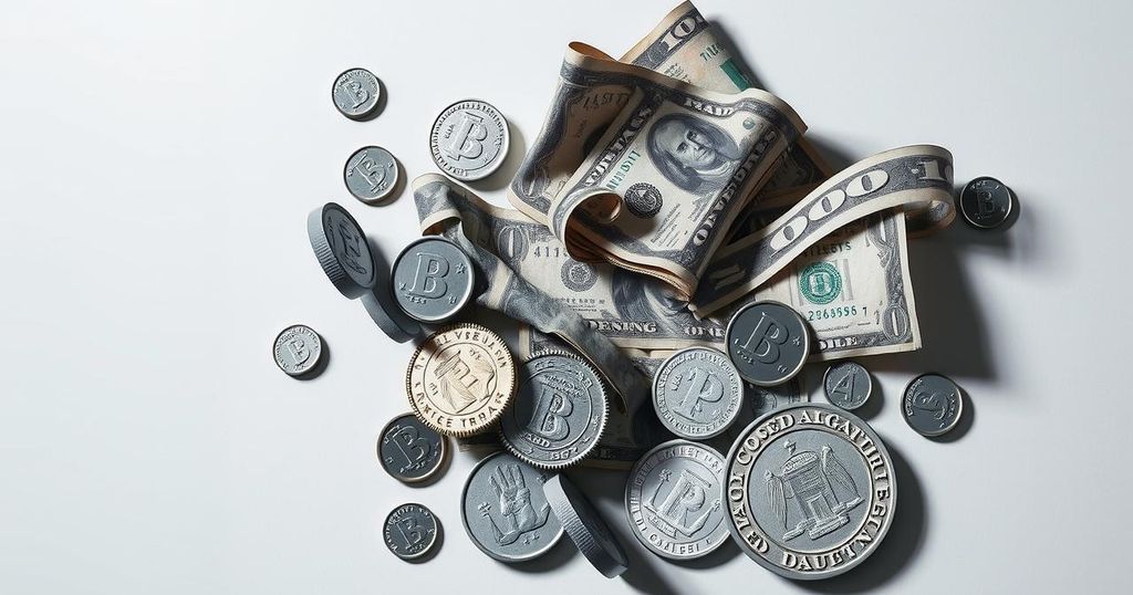 Abstract representation of campaign finance with money symbols and shadows, depicting hidden political agendas.