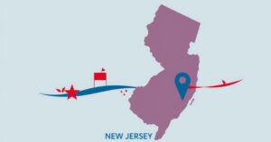 Governing landscape of New Jersey with state outline and symbolic representation of political campaigns in muted colours.