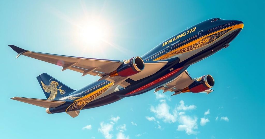 A lavish Boeing 747 airplane soaring through the sky, symbolic of luxury and power, with a blue and gold colour scheme.