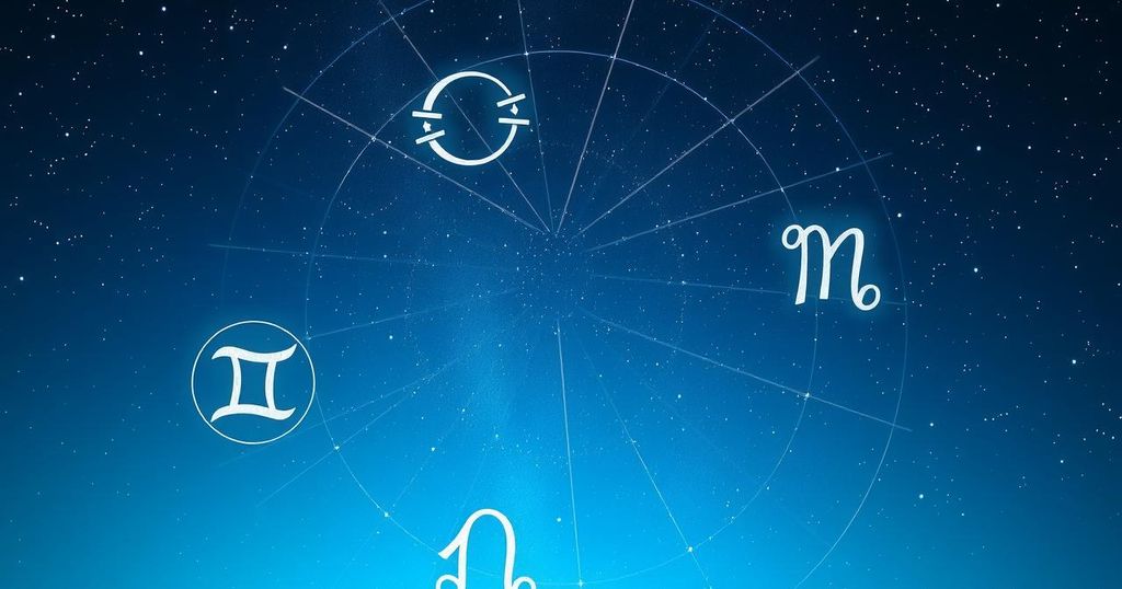 A night sky filled with stars, highlighting astrological symbols and celestial bodies in a calming blue and silver colour scheme.