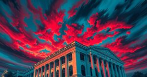 Harvard Law Review building with a dramatic sky, reflecting controversy and political discourse in modern academia.