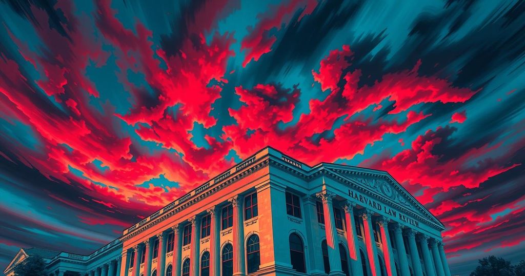 Harvard Law Review building with a dramatic sky, reflecting controversy and political discourse in modern academia.