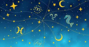 Astrological symbols against a starry night sky with soft blue and gold hues, representing daily horoscopes.