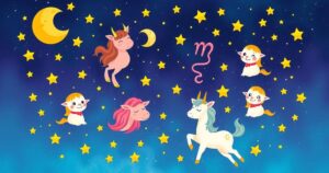 A vibrant astrological theme featuring the zodiac signs with bright celestial patterns and joyful colours.