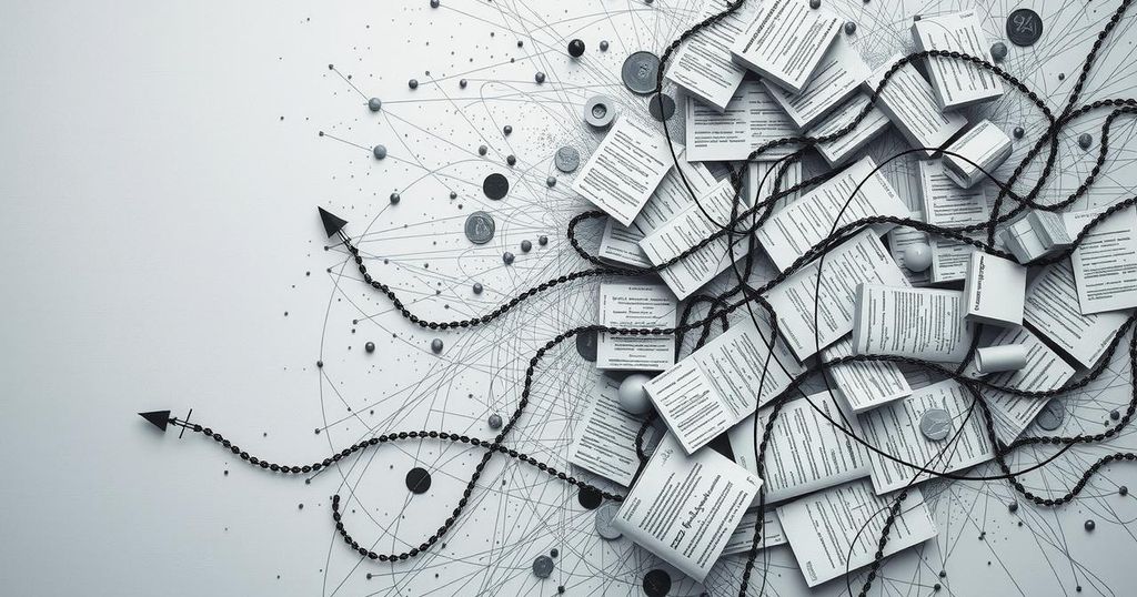 An abstract representation of political fatigue and media overload with grey tones and chaotic patterns converging.