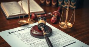 A gavel resting on a legal document beside a scale, symbolising justice and the legal profession in a court setting.