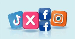 Illustration of diverse social media platforms with political content icons, vibrant colours, modern style