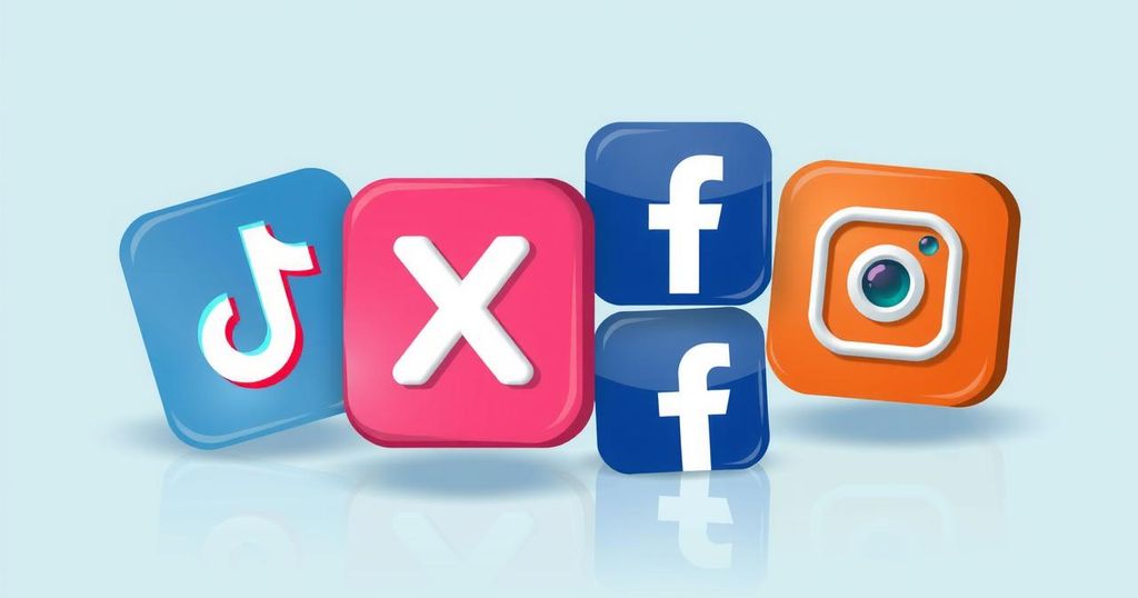 Illustration of diverse social media platforms with political content icons, vibrant colours, modern style