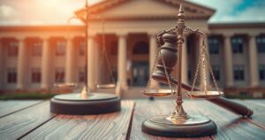 A symbolic representation of justice with a gavel and scales, set against a backdrop of a courthouse in warm hues.