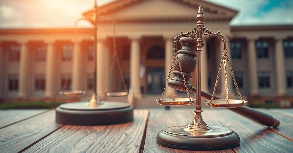 A symbolic representation of justice with a gavel and scales, set against a backdrop of a courthouse in warm hues.