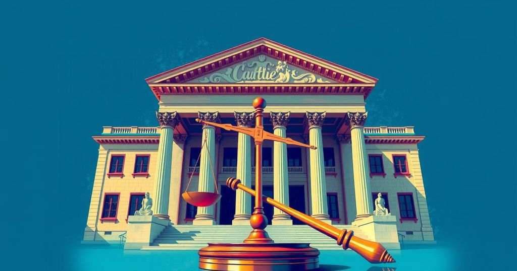 A digital painting of a courthouse with gavel and scales, reflecting legal themes in a vibrant colour palette.
