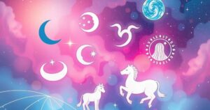 Vibrant astrological symbols in a cosmic setting with soft pastel hues, capturing the essence of love and relationships.