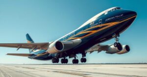 A luxury Boeing 747-8 with opulent interior on runway, showcasing impressive design and elegance amid sunny skies.