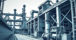 Steel plant scene with machinery, depicting industrial trade policies and rising tariffs, in a stark colour palette.