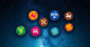Astrological symbols and colours representing zodiac signs for March predictions in a celestial theme.
