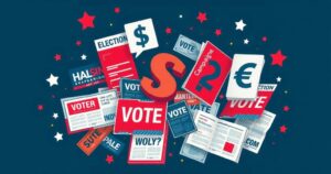 A collage of campaign literature featuring political themes and abstract money symbols against a dark background.
