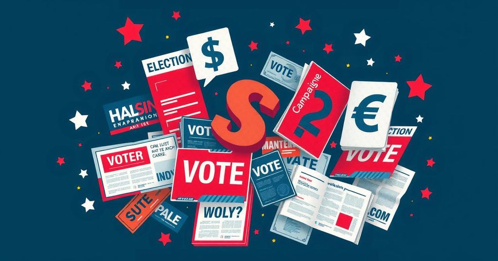 A collage of campaign literature featuring political themes and abstract money symbols against a dark background.