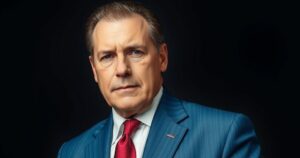 Presidential portrait of a man in formal attire with a serious expression against a dark background