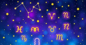 Celestial imagery with constellations representing zodiac signs and astrological symbols in vibrant colours.