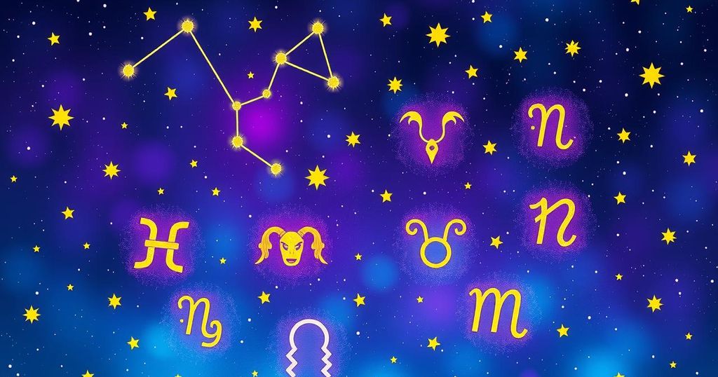 Celestial imagery with constellations representing zodiac signs and astrological symbols in vibrant colours.