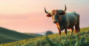 A serene landscape featuring a bull symbolising Taurus, surrounded by soft pink hues and lush greenery, reflecting calm energy.