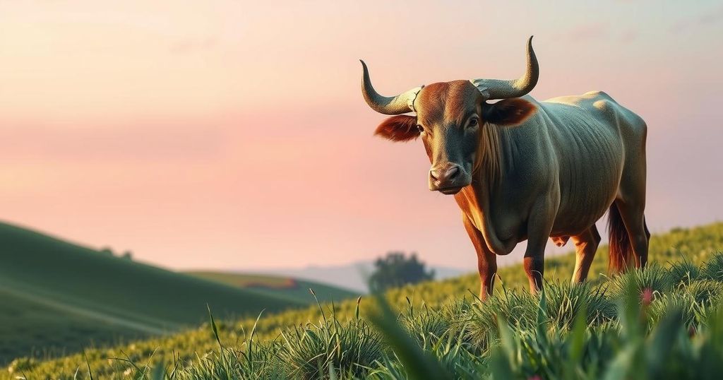 A serene landscape featuring a bull symbolising Taurus, surrounded by soft pink hues and lush greenery, reflecting calm energy.