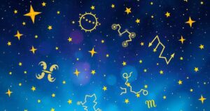 A celestial scene with zodiac constellations against a vibrant starry sky, featuring soft cosmic colours.