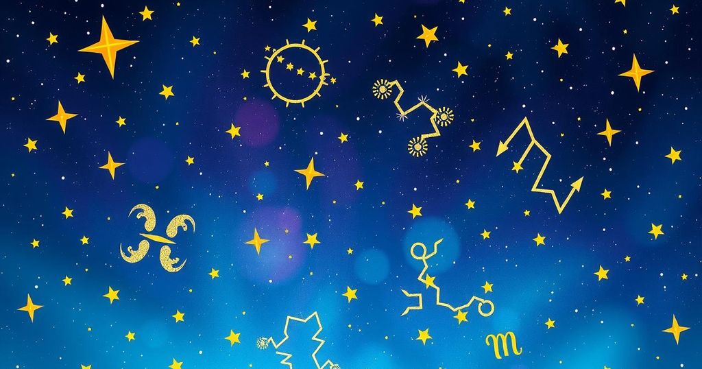 A celestial scene with zodiac constellations against a vibrant starry sky, featuring soft cosmic colours.