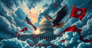 A surreal political landscape depicting confusion and tension in American politics under a fantasy-like presidency.