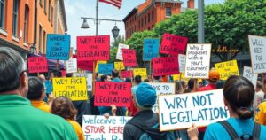 A rally scene highlighting community activism against proposed legislation with banners and placards in a vibrant urban environment.