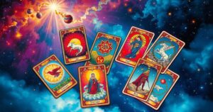 A vibrant illustration of tarot cards representing creativity and astrological signs, with bright colours and a mystical theme.