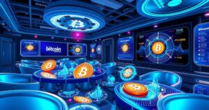 A digital representation of a bitcoin conference scene, showcasing cryptocurrency symbols and futuristic technology.