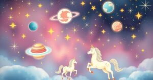 Zodiac signs and planets in a romantic cosmic setting with soft pastels and dreamy stars in an ethereal style.