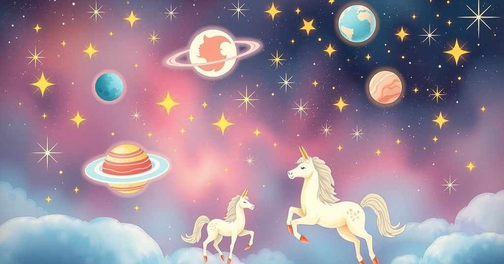 Zodiac signs and planets in a romantic cosmic setting with soft pastels and dreamy stars in an ethereal style.
