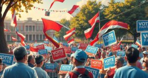 A political rally scene with campaign signs, vibrant flags, and a diverse crowd, embodying civic engagement and excitement.
