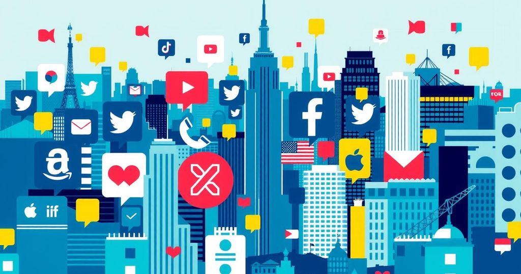 An abstract representation of social media platforms and political engagement, featuring icons for TikTok, X, Facebook, and Instagram.