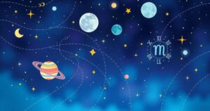 A celestial scene featuring zodiac symbols, planets, and stars in a night sky with a cosmic colour palette.
