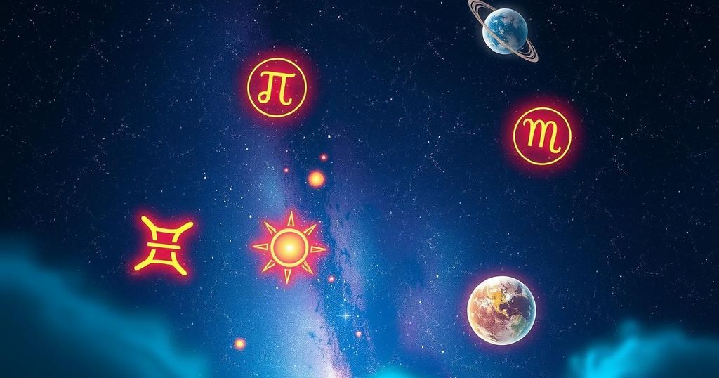 Zodiac symbols surrounded by cosmic stars and planets, representing love horoscopes and astrological insights.