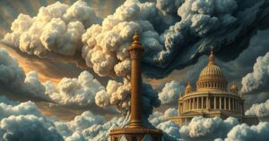 A surreal political landscape with contrasting symbols of fantasy and reality, blending vibrant and muted colours.