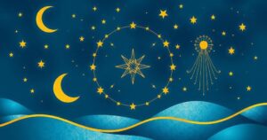 Astrological symbols and celestial elements against a calming background of blue and gold hues.