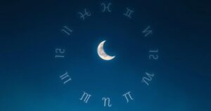 A night sky with a first quarter moon and zodiac symbols, showcasing a mystical atmosphere with deep blues and silvers.