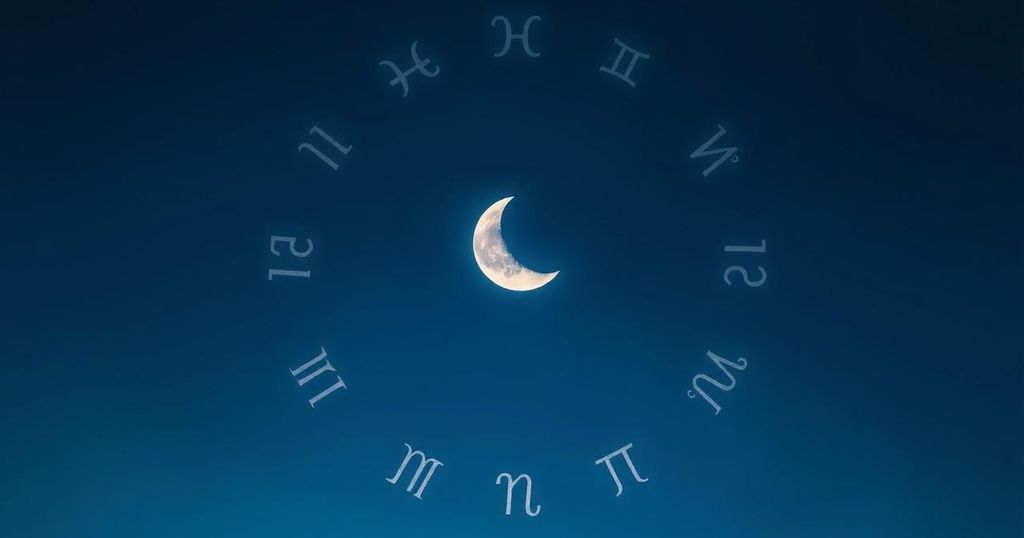 A night sky with a first quarter moon and zodiac symbols, showcasing a mystical atmosphere with deep blues and silvers.