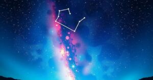 Celestial alignment with stars and constellations under a night sky, featuring vibrant Aries constellation hues.