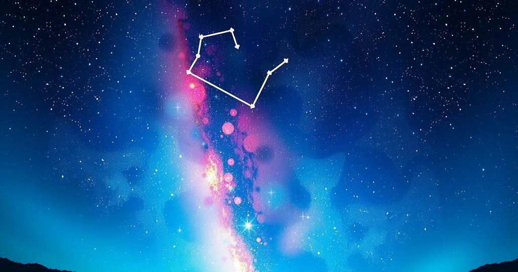 Celestial alignment with stars and constellations under a night sky, featuring vibrant Aries constellation hues.
