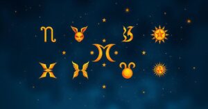 Astrological symbols on a textured celestial background in warm tones, representing zodiac signs and their themes.